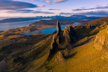 Aerial view of the Old Man of Storr at sunrise, Isle of Skye, Scotland, UK