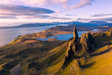 Aerial view of the Old Man of Storr at sunrise, Isle of Skye, Scotland, UK