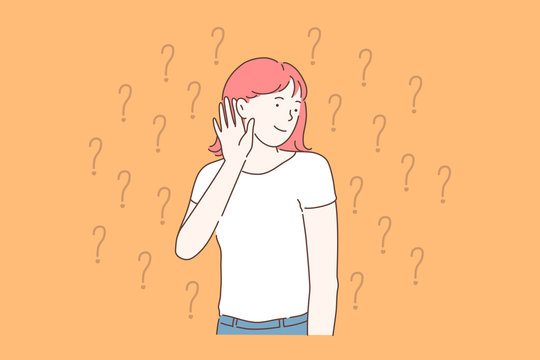 Curiosity, gossip, deafness concept. Young woman overhears the latest news with great interest. Interested student girl listens to the answer or hint. Simple flat vector.