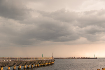 Fototapeta na wymiar Birds on the sea pier under he cloudy sky.