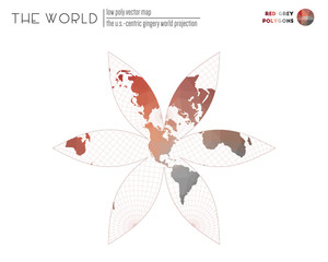 Triangular mesh of the world. The U.S.-centric Gingery world projection of the world. Red and grey colored polygons. Creative vector illustration.