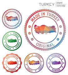 Turkey badge. Colorful polygonal country symbol. Multicolored geometric Turkey logos set. Vector illustration.