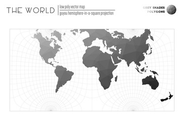 Vector map of the world. Guyou hemisphere-in-a-square projection of the world. Grey Shades colored polygons. Neat vector illustration.
