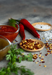 Georgian sauces on stone background
