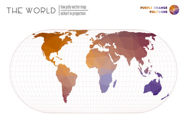 Polygonal world map. Eckert IV projection of the world. Purple Orange colored polygons. Awesome vector illustration.