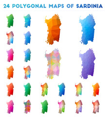 Set of vector polygonal maps of Sardinia. Bright gradient map of island in low poly style. Multicolored Sardinia map in geometric style for your infographics.