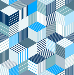 Seamless cubes vector background, lined boxes repeating tile pattern, 3D architecture and construction, geometric design.