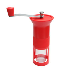 Up front red manual coffee grinder on white background.