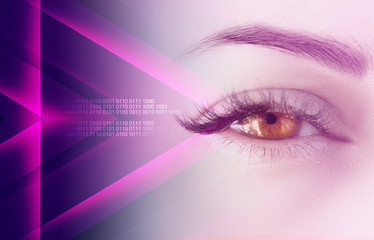 Eye of the female on a dark abstract background, neon holograms, retina scanner