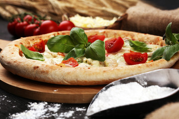 vegetarian italian Pizza with tomatoes, mozzarella cheese  and basil. Delicious italian pizza
