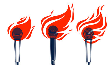 Microphone on fire, hot mic in flames, rap battle rhymes music, karaoke singing or standup comedy, vector logos or illustrations set, concert festival or night club labela, t-shirt prints.
