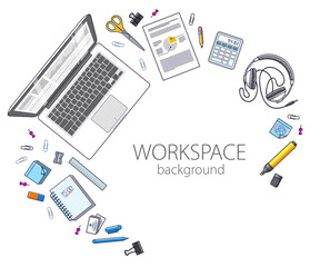 Office employee or entrepreneur work desk workplace with PC computer and diverse stationery objects for work with copy space for text. All elements are easy to use separately. Vector.