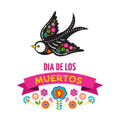 Day of the dead, Dia de los muertos, birds skulls and skeleton decorated with colorful Mexican elements and flowers. Fiesta, Halloween, holiday poster, party flyer. Vector illustration