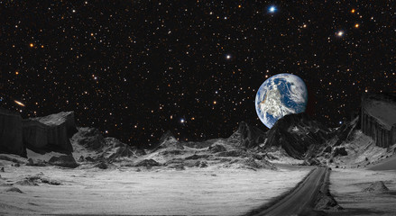 Future, moon road overlooking planet Earth