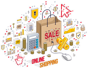 Online Shop concept, web store, internet sales, Shopping bag with pc mouse connected isolated on white. 3d vector business isometric illustration with icons, stats charts and design elements.