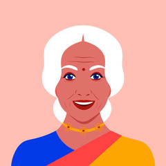 Portrait of an elderly Indian woman in a sari. Female face. Avatar for social networks. Grandmother’s head. Vector flat illustration