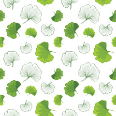 Green Ginkgo biloba and outlined leaves. Seamless pattern for design