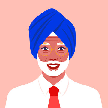 Portrait of an old Hindu man. The head of a Sikh with a beard in a turban. Portrait businessman. Avatar for social networks. Vector flat illustration