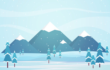Fototapeta na wymiar Winter Scene Snow Landscape with Pine Trees Mountain Vector Illustration