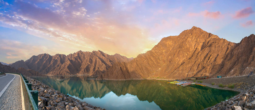 Hatta Water Dam panoramic view beautiful place for Water Adventure Activities like Boat safari Kayaking water bike famous tourist attraction of United Arab Emirates
