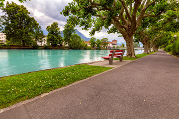 Interlaken. Mountain river Aare passing through the city.