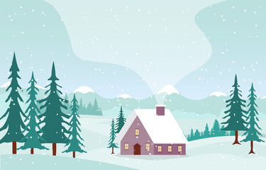 Fototapeta premium Winter Scene Snow Landscape with Pine Trees Mountain Vector Illustration