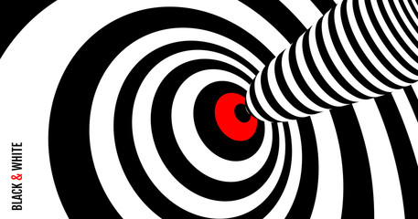 Target hit in the center. Black and white design with optical illusion. Abstract striped background. Vector illustration.