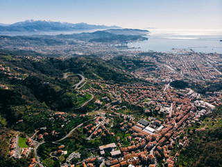 Aerial top view city Spezia Italy panorama