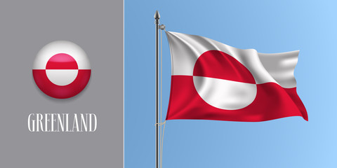 Greenland waving flag on flagpole and round icon vector illustration