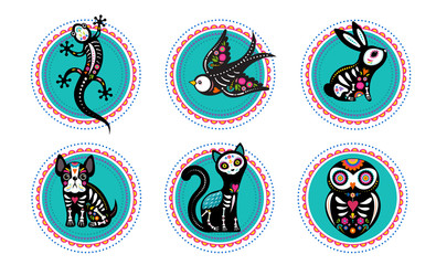 Day of the dead, Dia de los moertos, animals skulls and skeleton decorated with colorful Mexican elements and flowers. Fiesta, Halloween, holiday poster, party flyer. Vector illustration