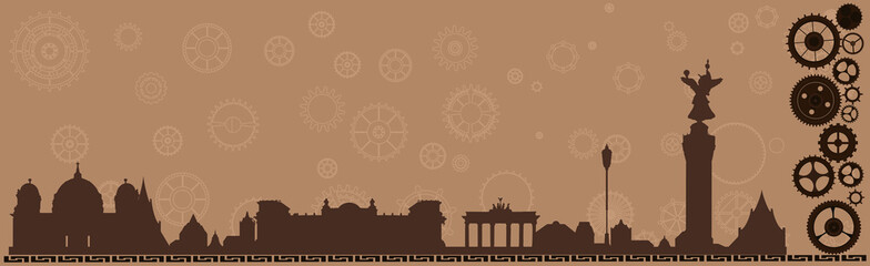 Berlin vintage skyline frame, vector banner background cogs, gears, sign menu wheel, old retro, steampunk logo