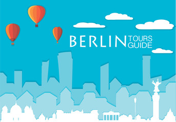 Obraz premium Berlin silhouette, vector skyline illustration. Clouds, balloons, bridge, collage icon, city panorama river