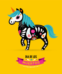 Day of the dead, Dia de los muertos, Unicorn skull and skeleton decorated with colorful Mexican elements and flowers. Fiesta, Halloween, holiday poster, party flyer. Vector illustration