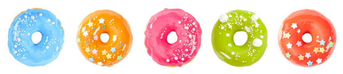 Set of various colorful donuts with glossy mirror glaze