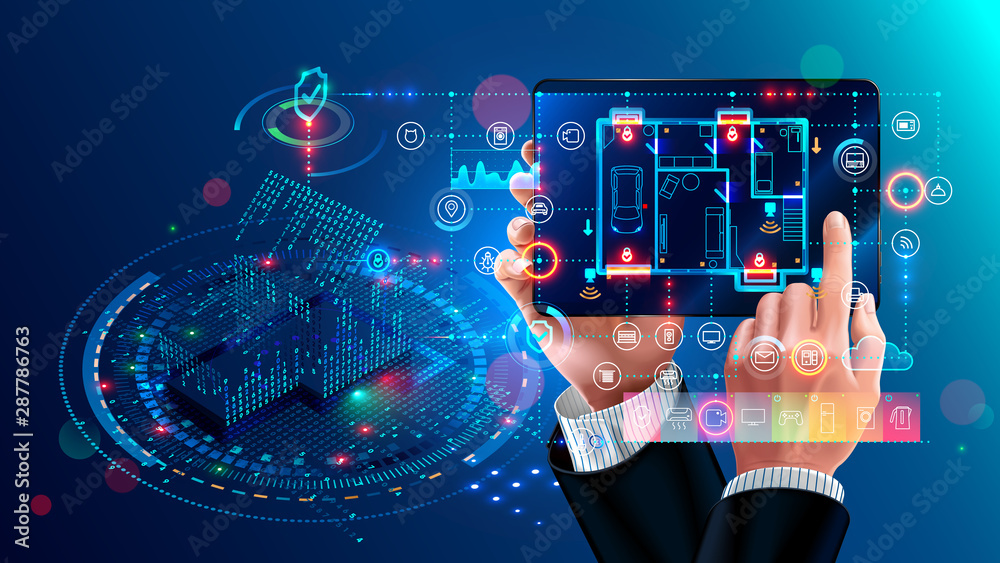 Poster Smart home system concept. tablet controls domestics appliances via internet of things applications. Abstract Digital House connection with mobile device. Home electronics automation, security, iot.