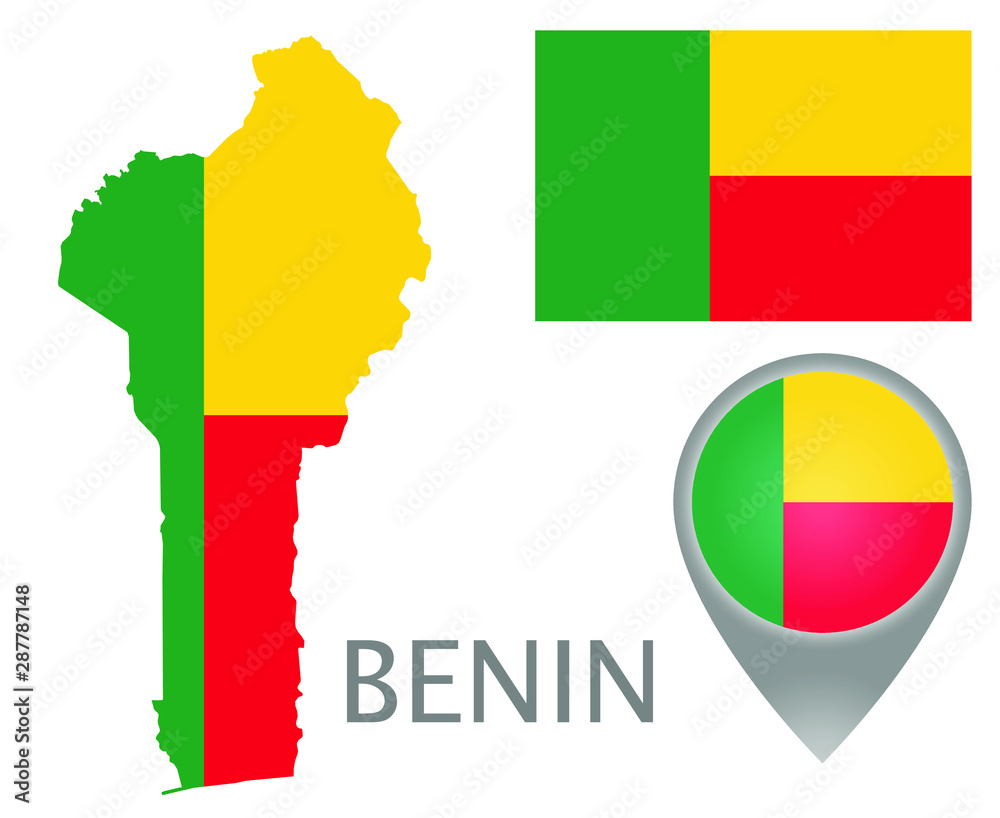 Wall mural colorful flag, map pointer and map of benin in the colors of the beninese flag. high detail. vector  - Wall murals