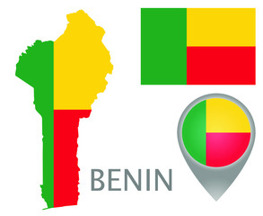Colorful flag, map pointer and map of Benin in the colors of the beninese flag. High detail. Vector illustration