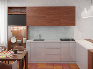 3D visualization of the interior of the kitchen in a modern style