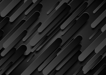 Black 3d composition with geometric diagonal shapes. Tech design with paper texture pattern. Abstract dark vector concept background