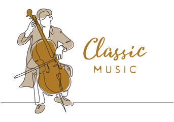Classic music poster background with cello music player vintage minimalism style of continuous one line drawing vector illustration. Young man playing classical songs on the stage. © ngupakarti