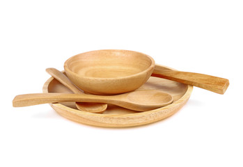 wood spoon and wood bowl on white background.