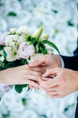 cropped view of bridegroom putting wedding ring on finger