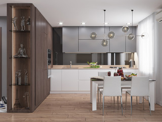 3D visualization of the interior of the kitchen in a modern style