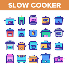 Slow Cooker Elements Collection Vector Icons Set Thin Line. Different Cooker Kitchenware Concept Linear Pictograms. Modern Cooking Food Equipment And Gadgets Monochrome Contour Illustrations