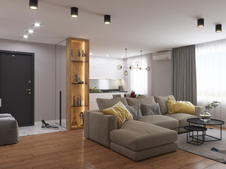 Fototapeta na wymiar 3D visualization of the interior of the living room in a modern style