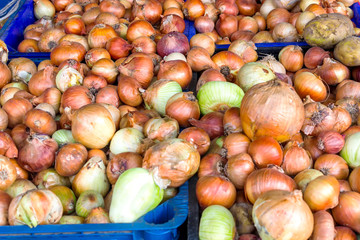 Bow background. Fresh golden onions. Ripe onions Onions at the market