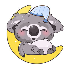 Cute koala kawaii cartoon vector character. Adorable and funny animal sleeping on moon isolated sticker, patch, kids book illustration. Anime baby koala in night cap emoji on white background