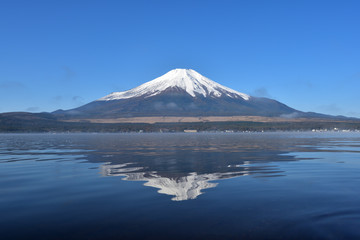 Mt. Fuji and blue sky and lake