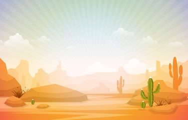 Beautiful Western Desert Landscape with Sky Rock Cliff Mountain Vector Illustration