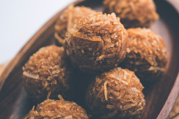 Jaggery coconut Laddoo / Nariyal gur ke laddu, indian sweet food for festivals like rakshabandhan/rakhi pournima